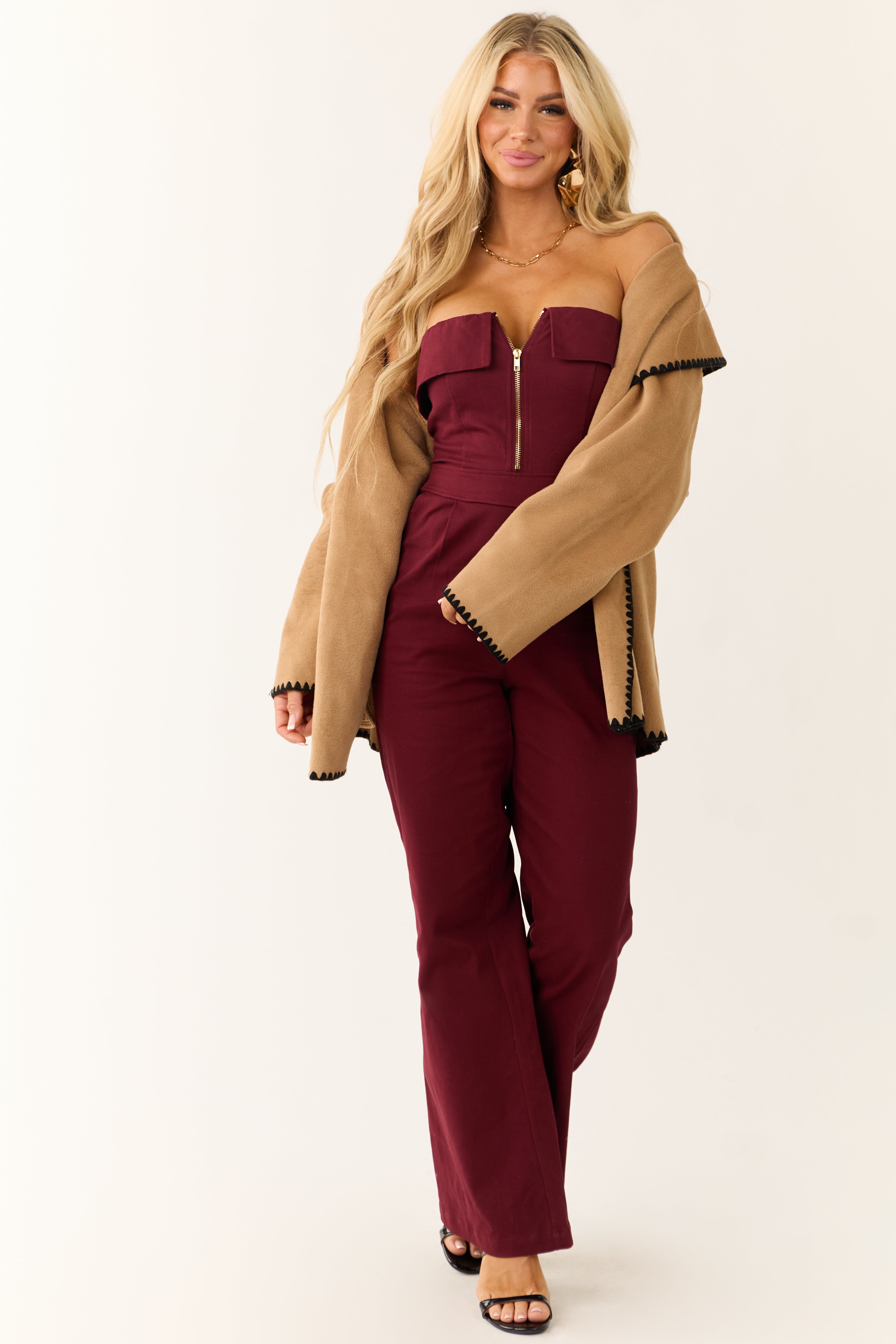 Wine Strapless Zip Up Front Jumpsuit | Lime Lush Boutique
