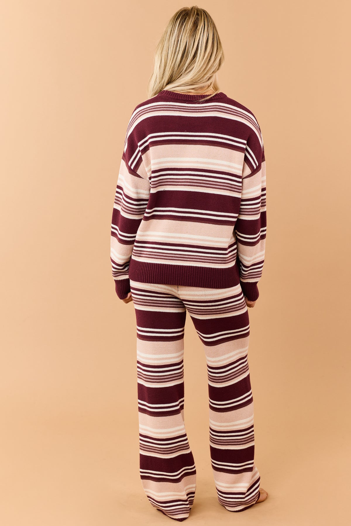 Wine Striped Sweater and Wide Leg Pants Set