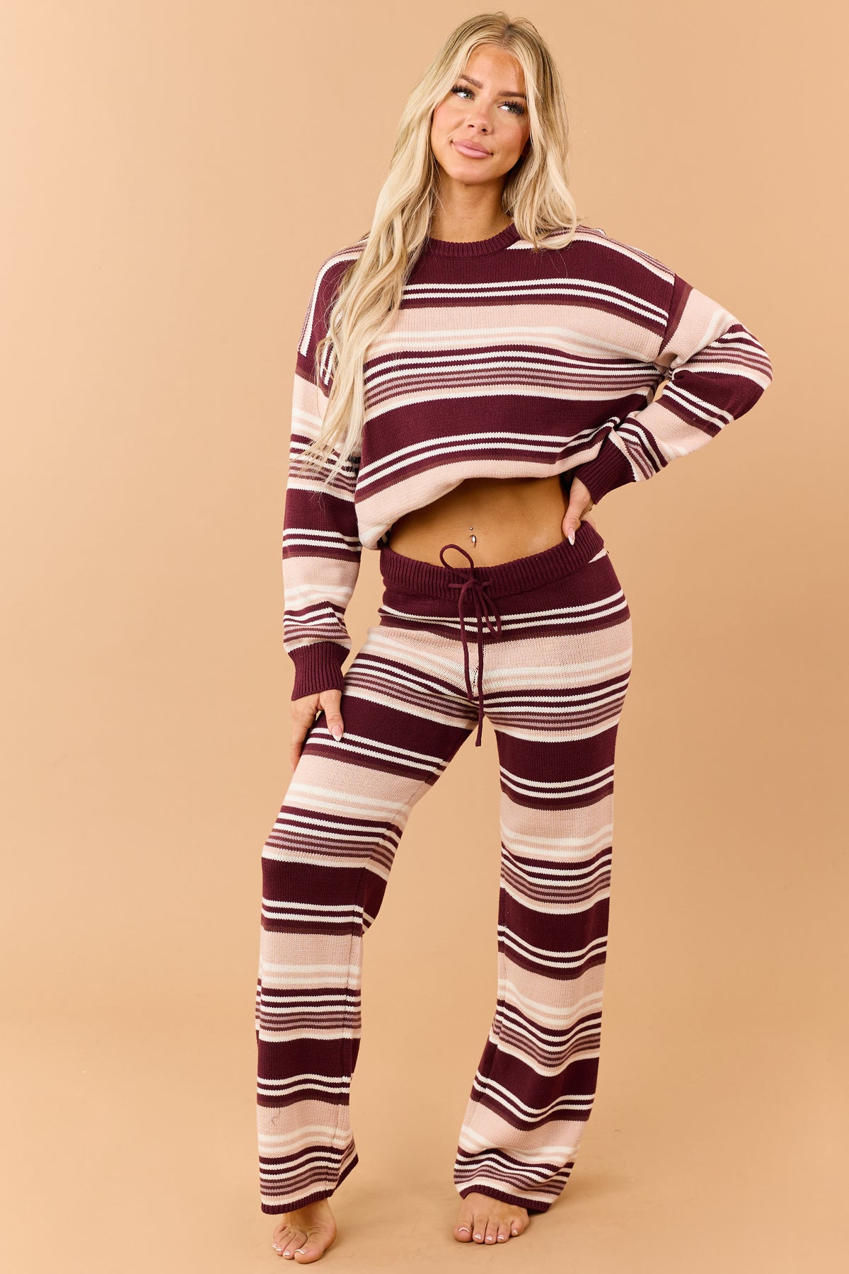 Wine Striped Sweater and Wide Leg Pants Set
