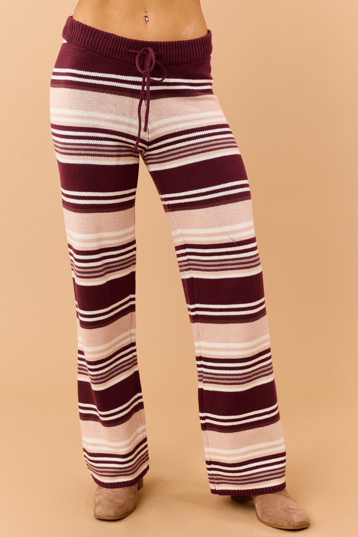 Wine Striped Sweater and Wide Leg Pants Set