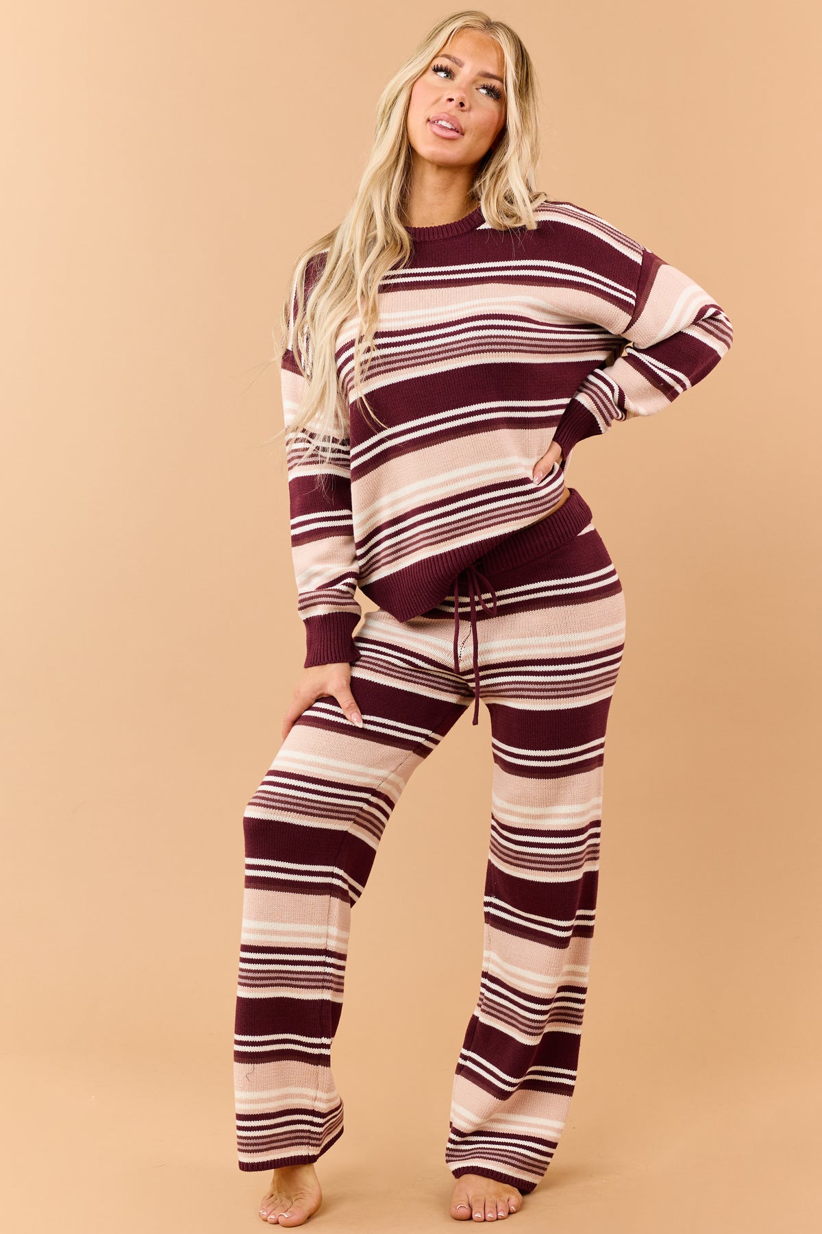 Wine Striped Sweater and Wide Leg Pants Set
