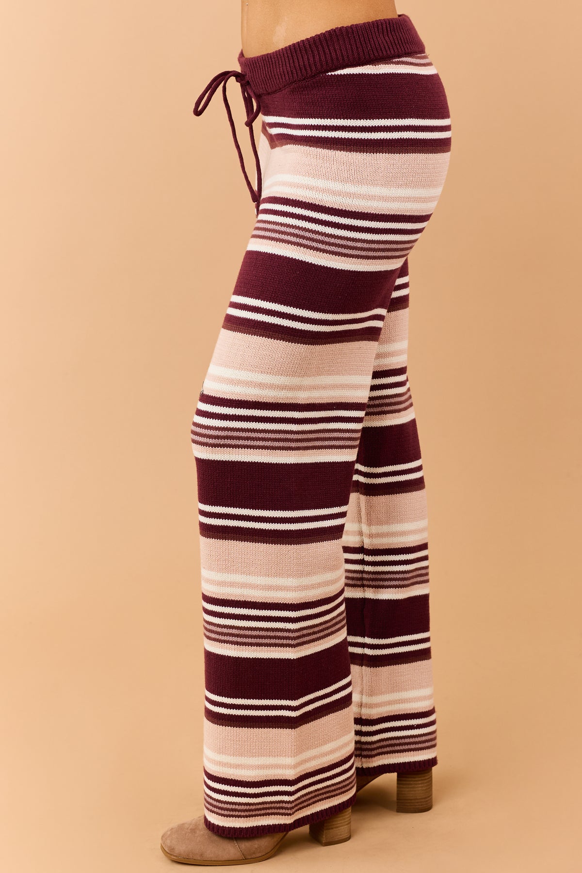 Wine Striped Sweater and Wide Leg Pants Set