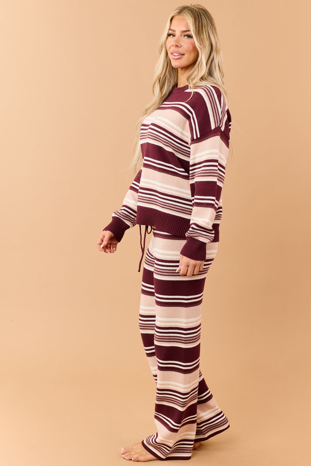 Wine Striped Sweater and Wide Leg Pants Set