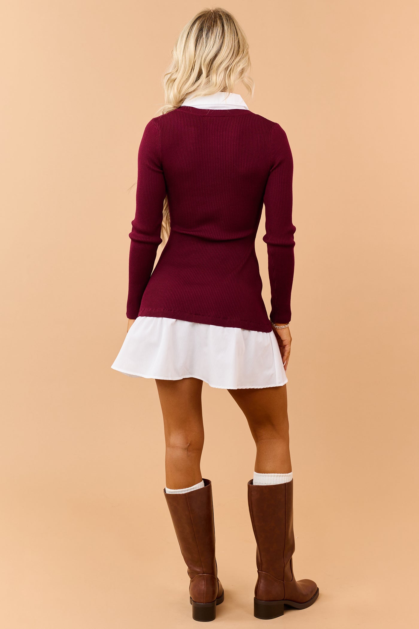 Wine Sweater Knit Contrast Shirt Mini Dress
