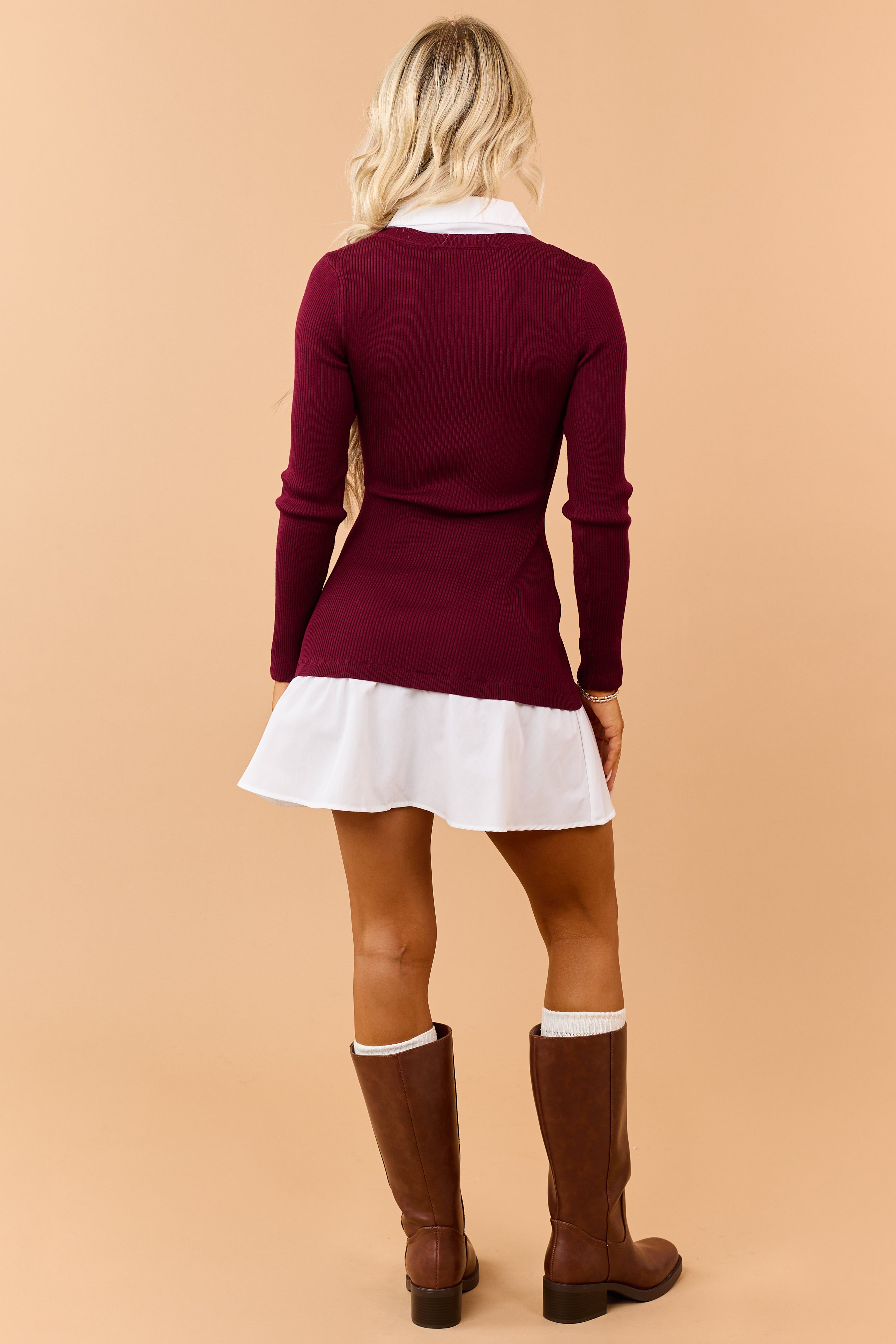 Wine Sweater Knit Contrast Shirt Mini Dress