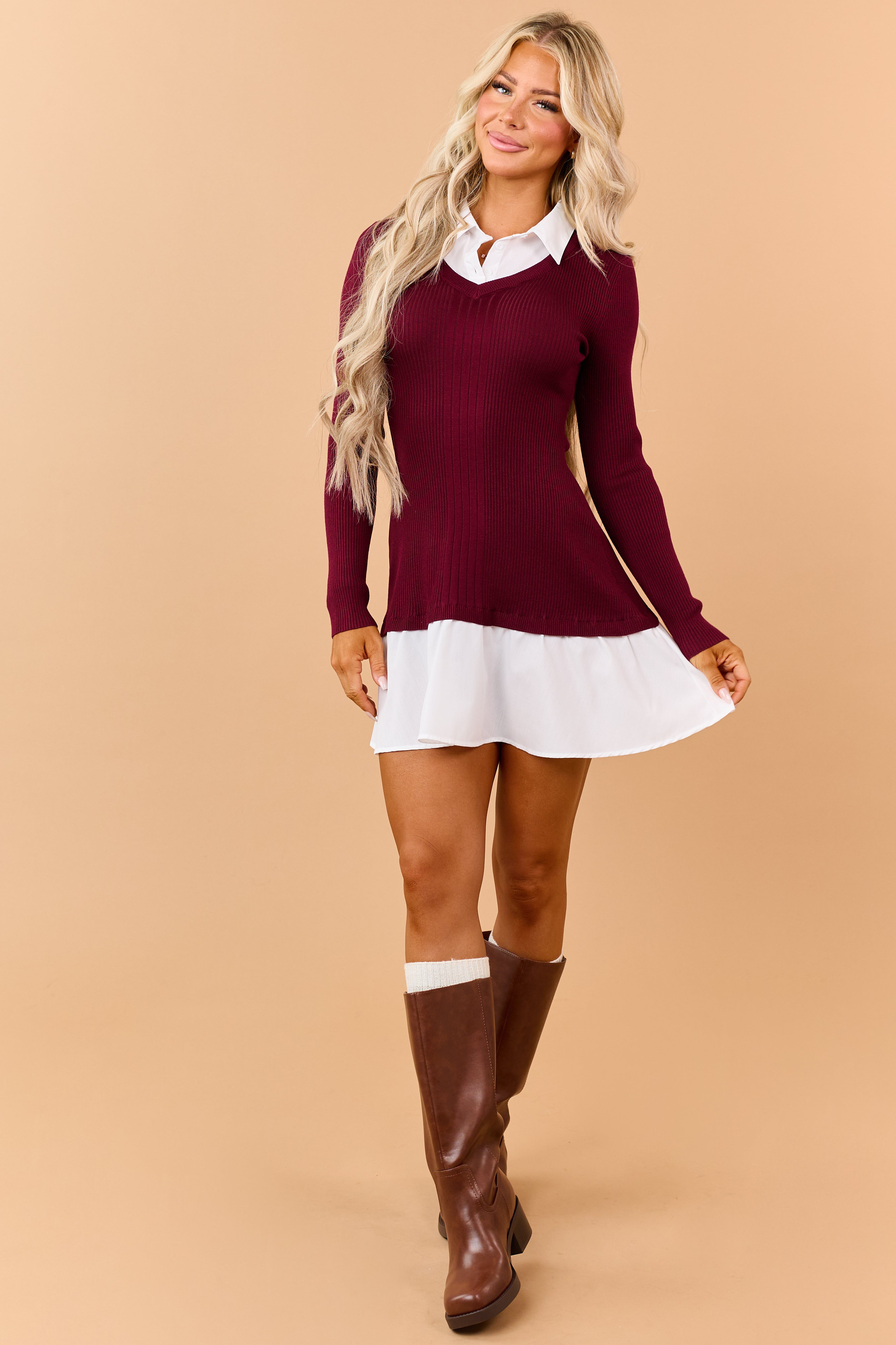 Wine Sweater Knit Contrast Shirt Mini Dress
