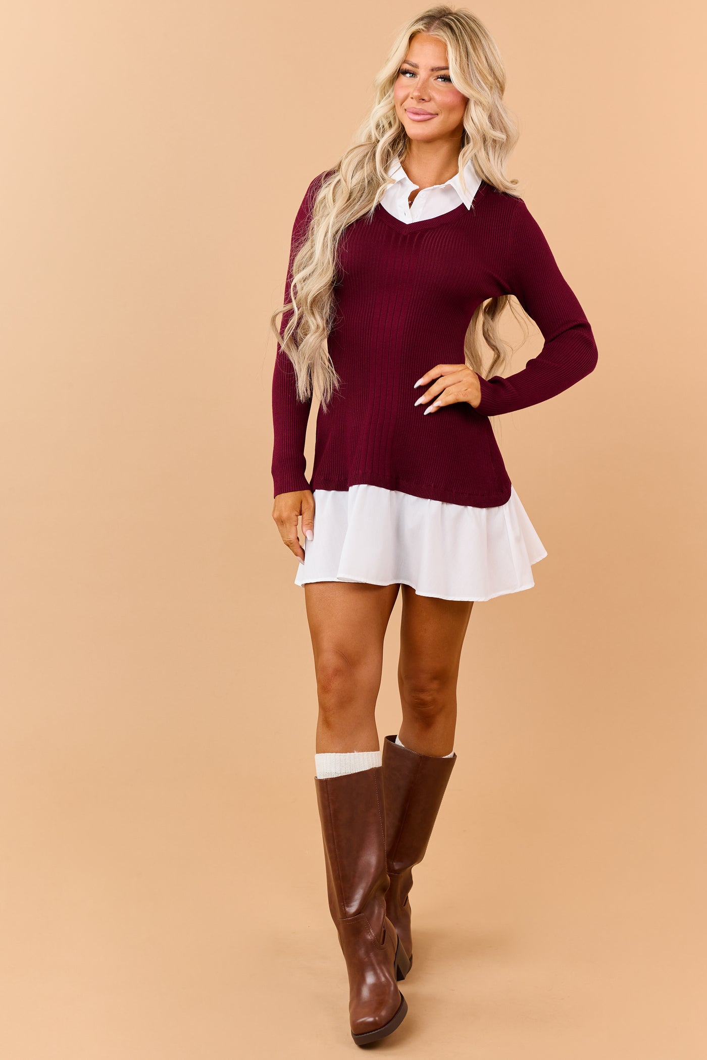 Wine Sweater Knit Contrast Shirt Mini Dress