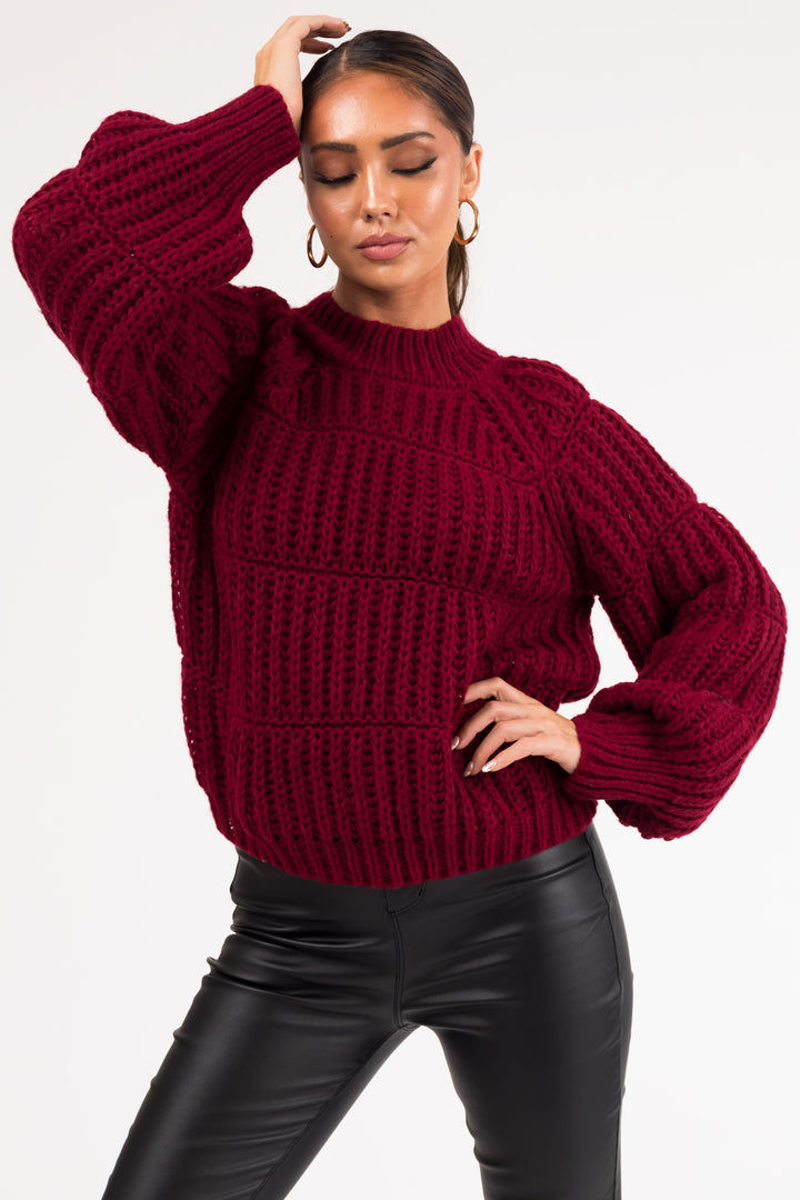Wine Thick Crochet Knit Tiered Sweater