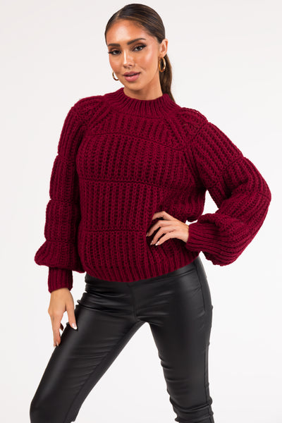 Wine Thick Crochet Knit Tiered Sweater