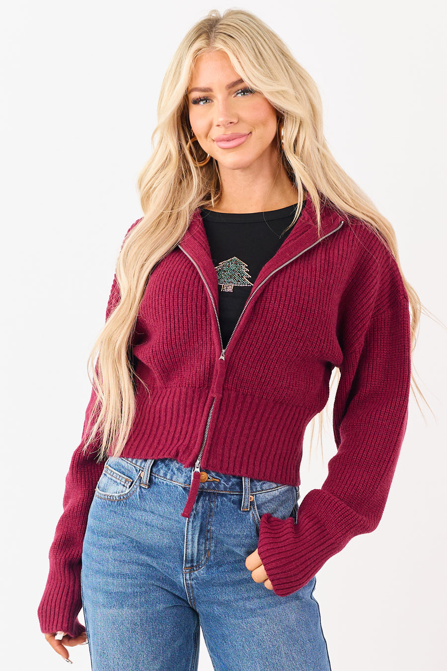 Wine Two-Way Zipper Knit Sweater Jacket