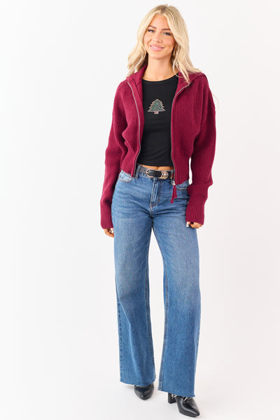 Wine Two-Way Zipper Knit Sweater Jacket