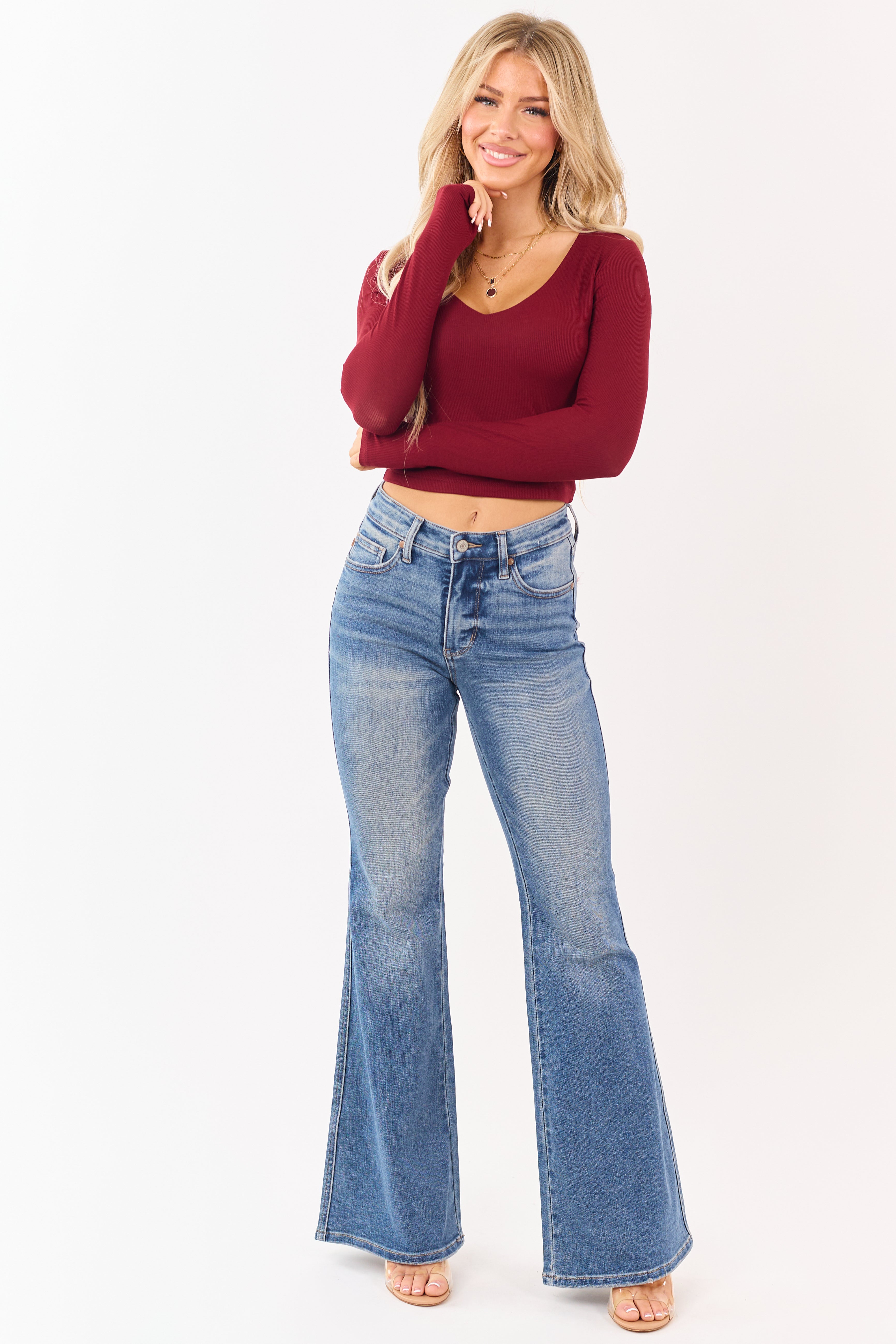 Wine V-Neck Double Layer Rib Knit Crop Top