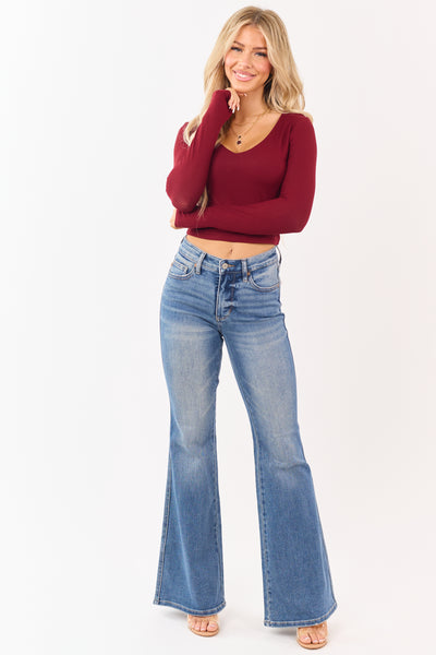 Wine V-Neck Double Layer Rib Knit Crop Top
