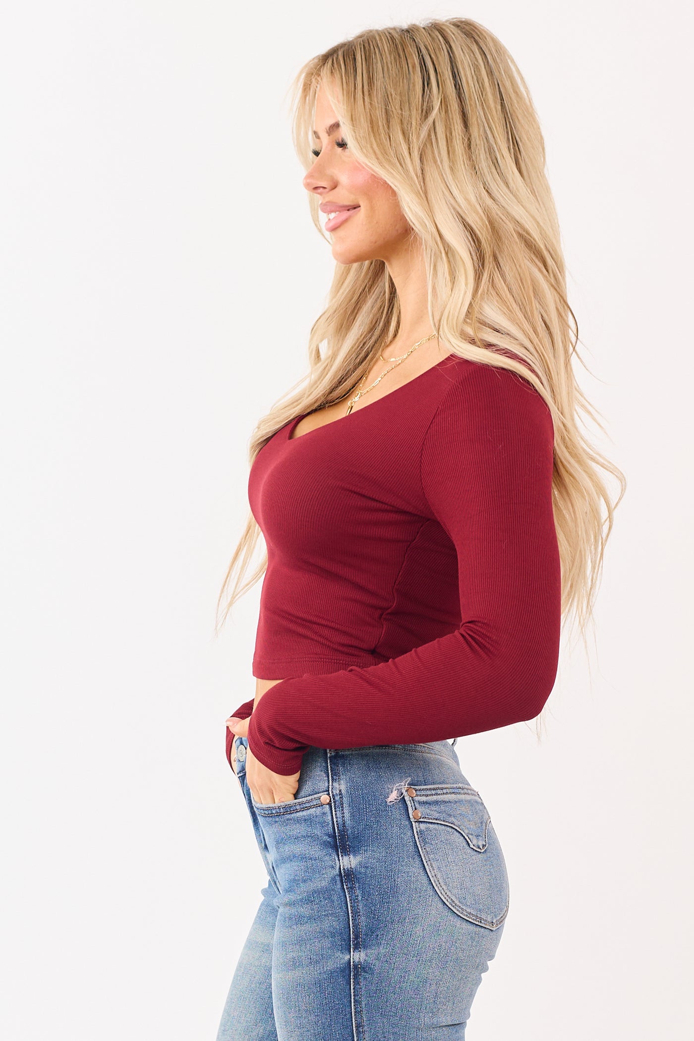 Wine V-Neck Double Layer Rib Knit Crop Top