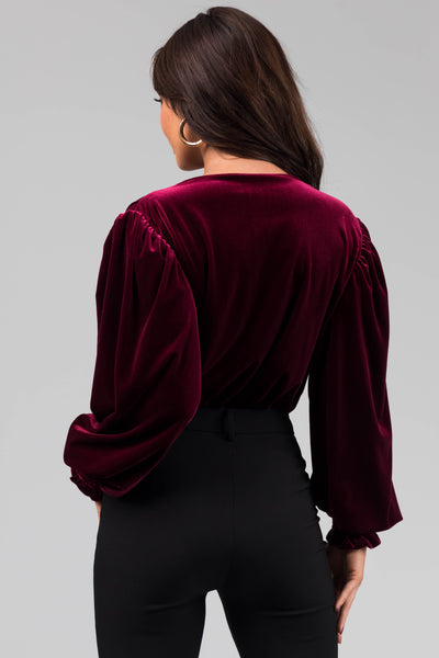 Wine Velvet Surplice Neckline Bodysuit