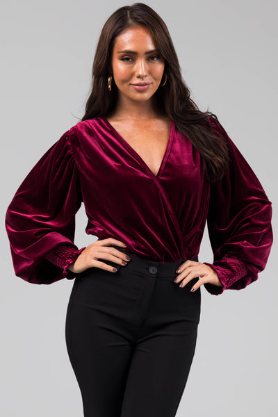 Wine Velvet Surplice Neckline Bodysuit