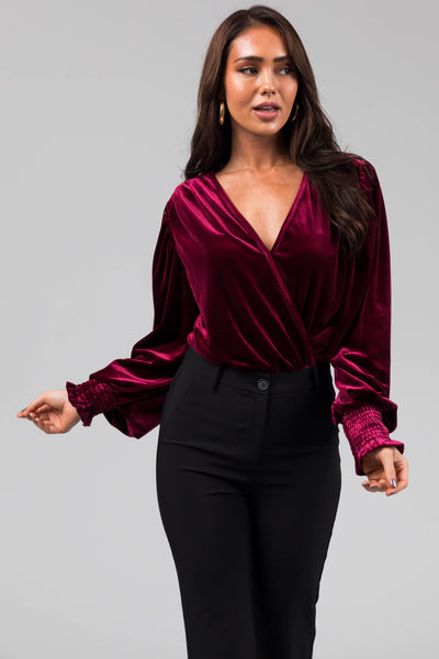 Wine Velvet Surplice Neckline Bodysuit