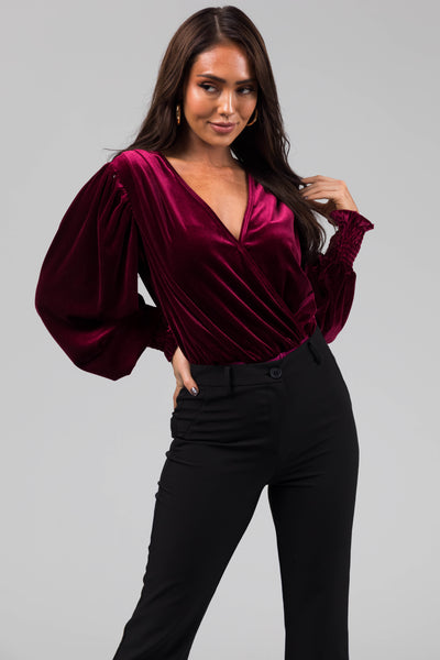 Wine Velvet Surplice Neckline Bodysuit
