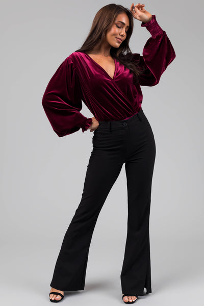 Wine Velvet Surplice Neckline Bodysuit
