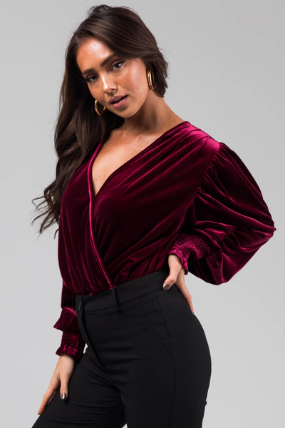 Wine Velvet Surplice Neckline Bodysuit