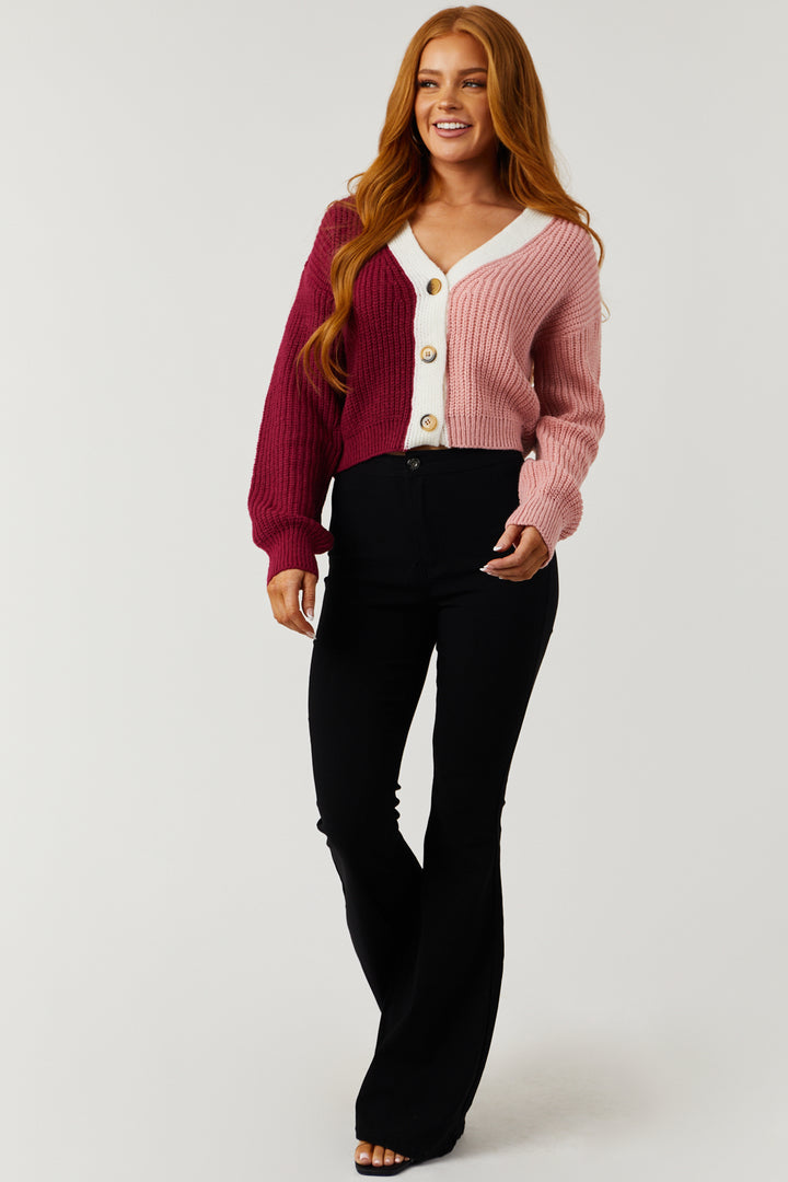 Wine and Baby Pink Colorblock Button Up Cardigan