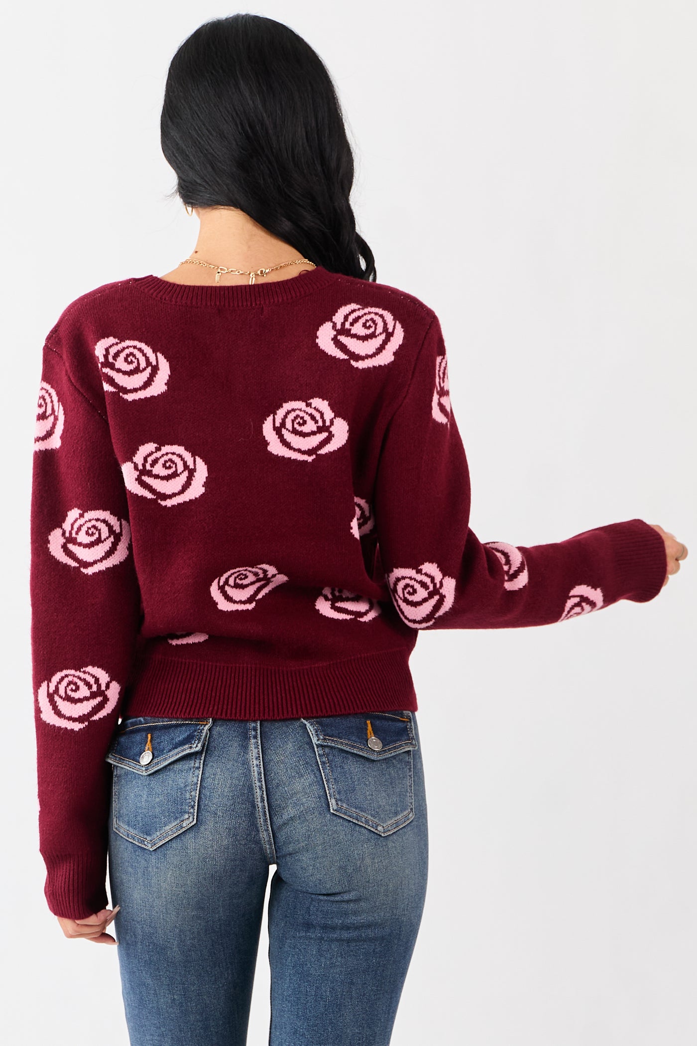 Wine and Carnation Rose Print Crew Neck Sweater
