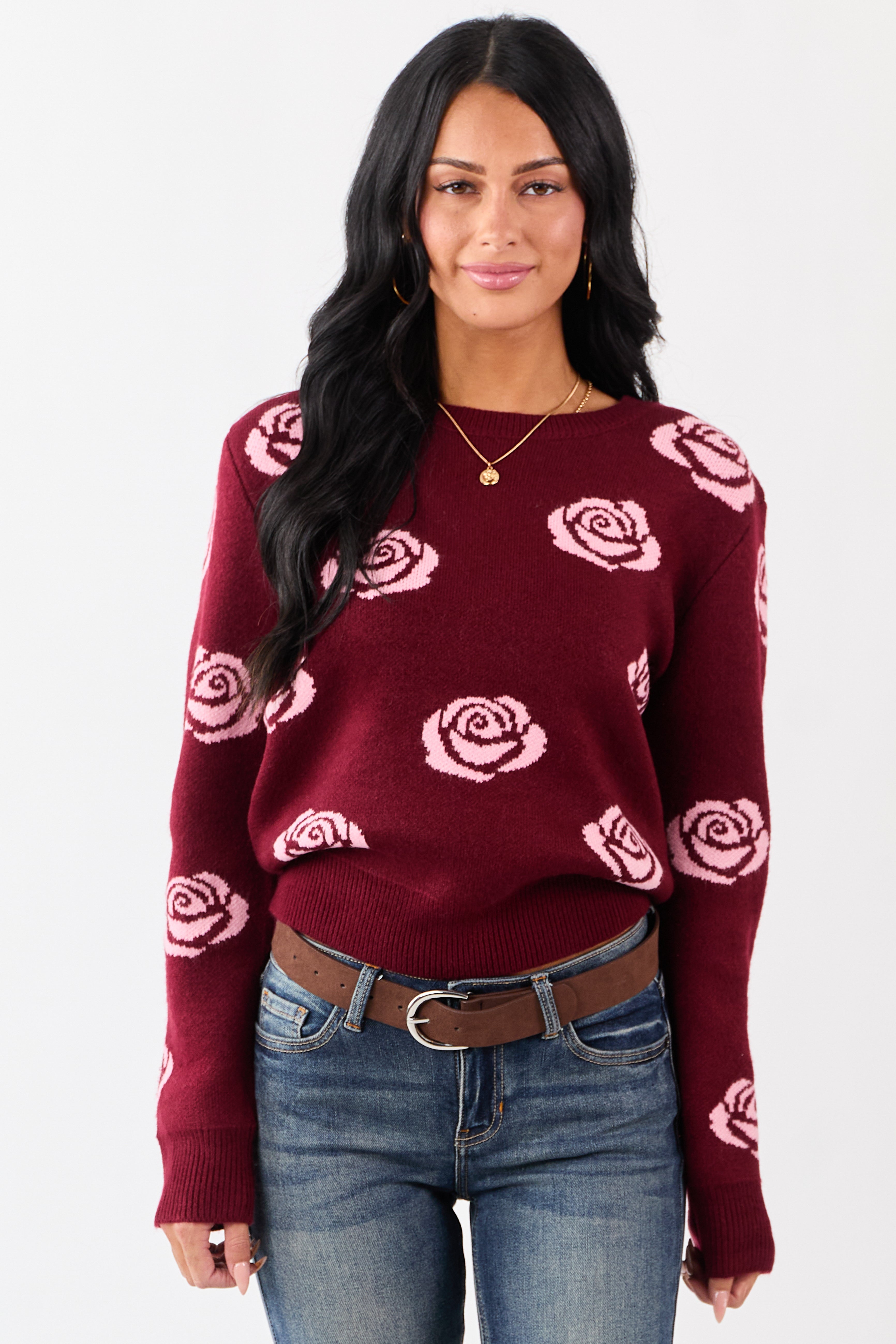 Wine and Carnation Rose Print Crew Neck Sweater