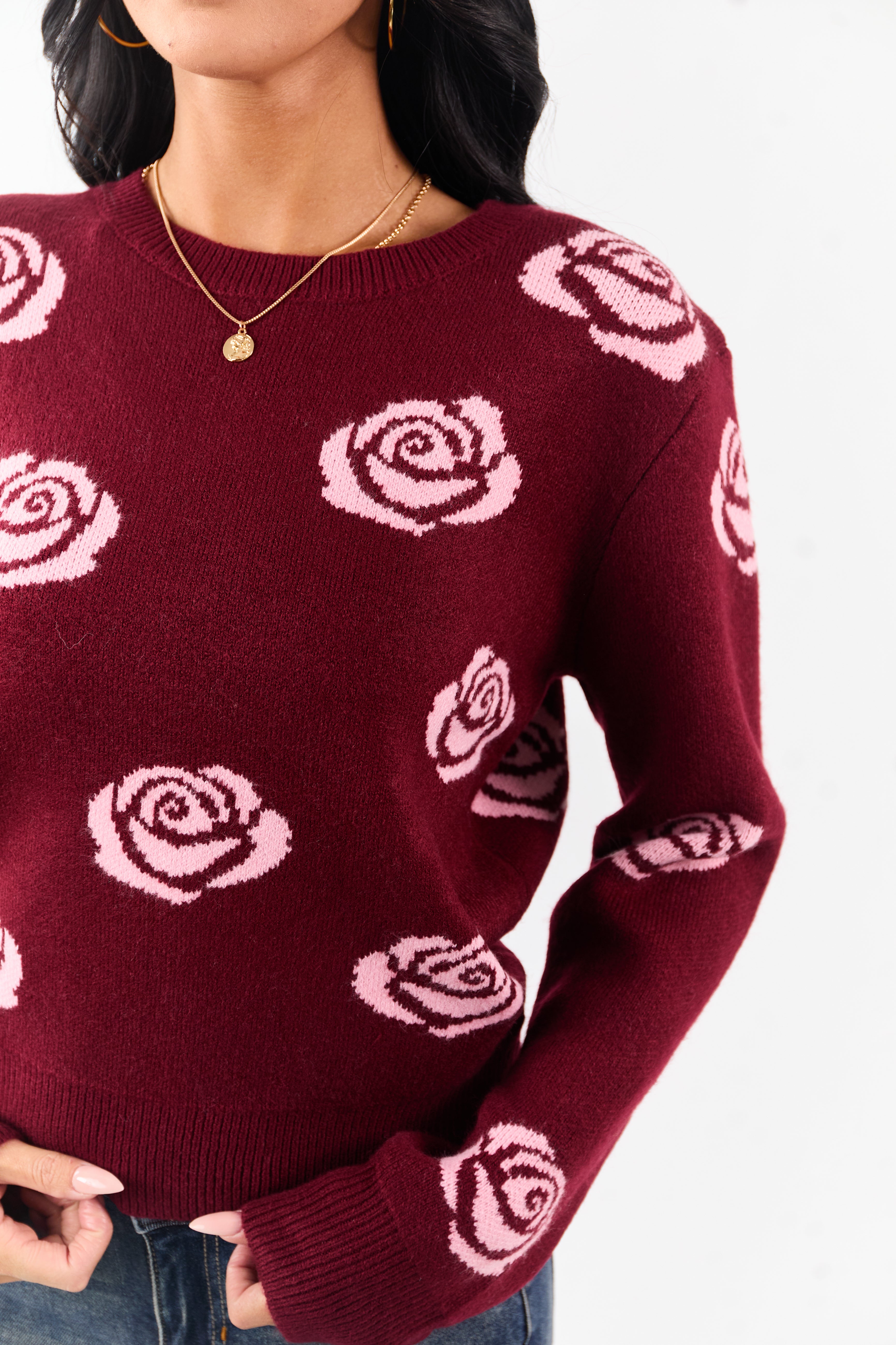 Wine and Carnation Rose Print Crew Neck Sweater