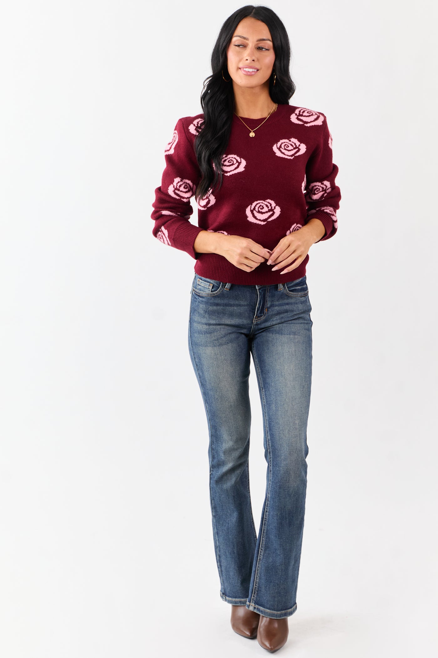 Wine and Carnation Rose Print Crew Neck Sweater