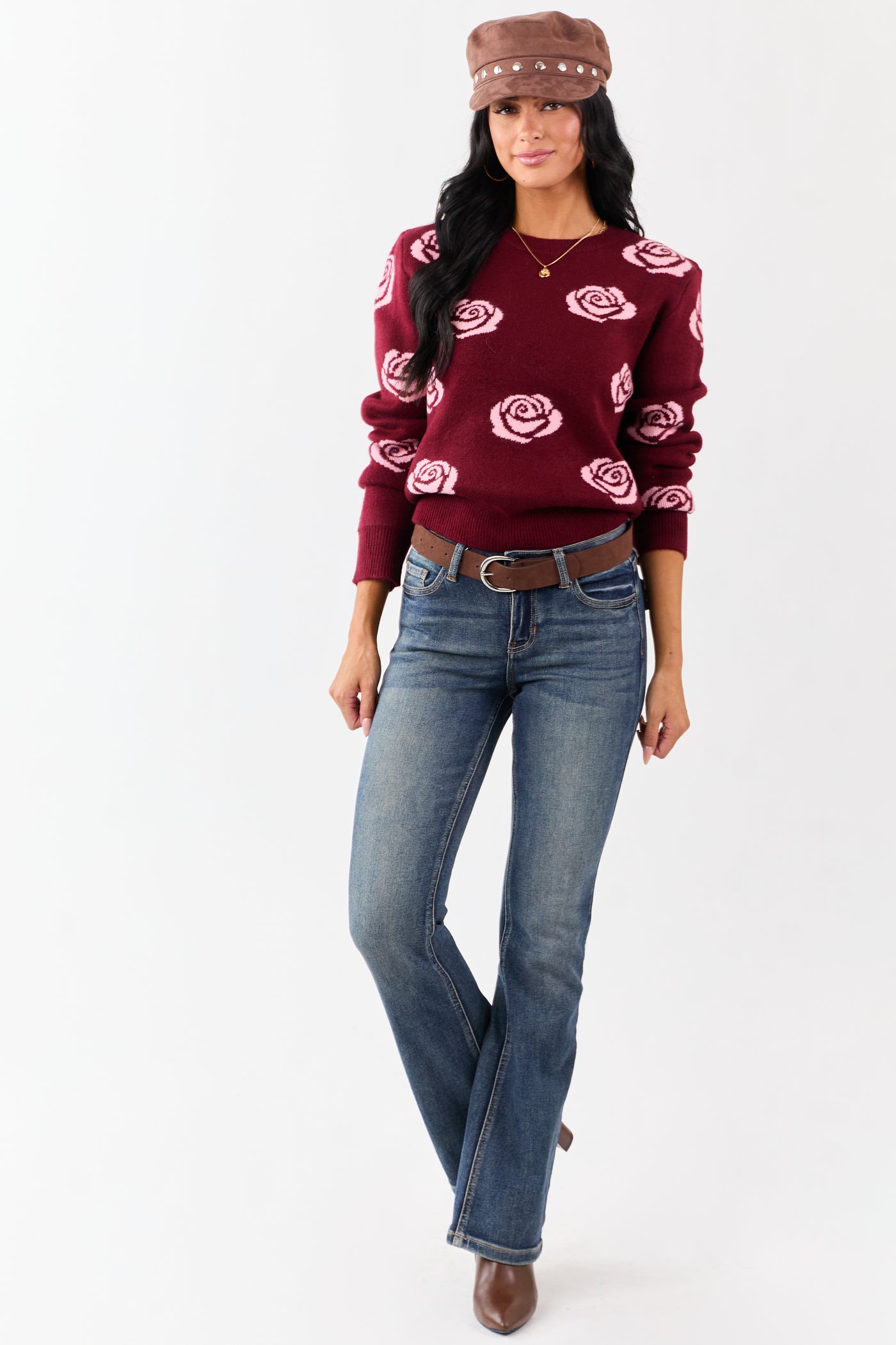 Wine and Carnation Rose Print Crew Neck Sweater