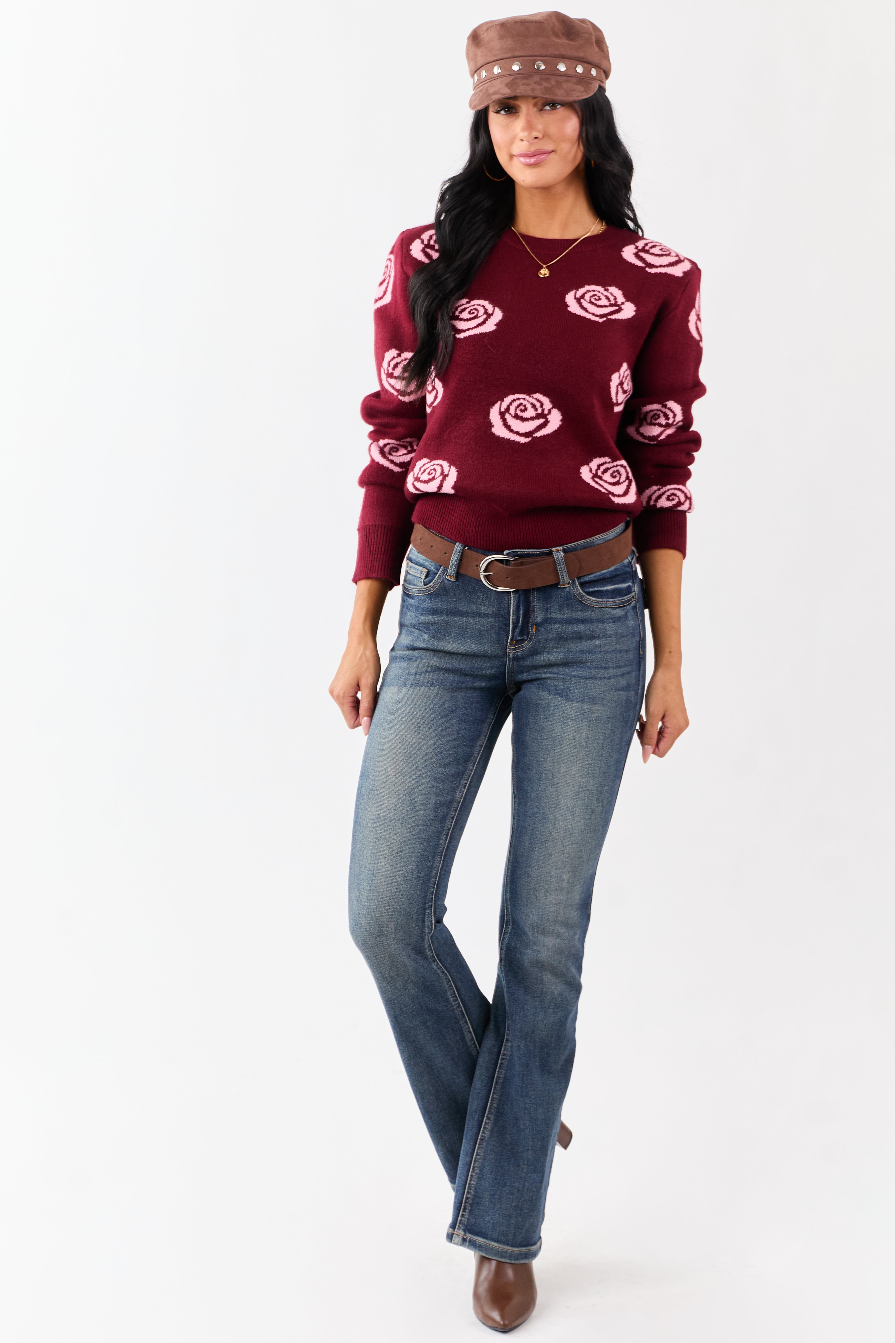 Wine and Carnation Rose Print Crew Neck Sweater