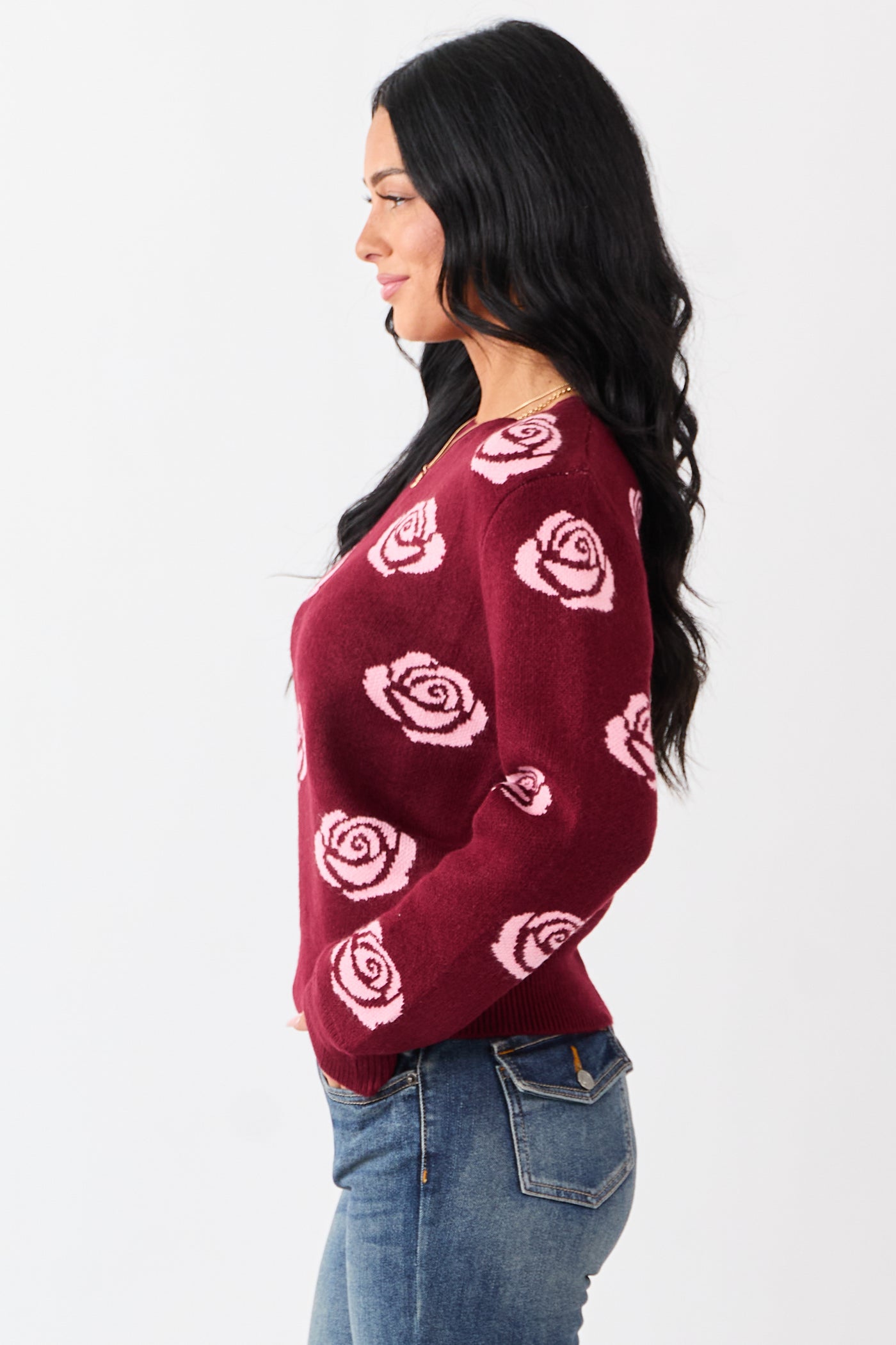 Wine and Carnation Rose Print Crew Neck Sweater