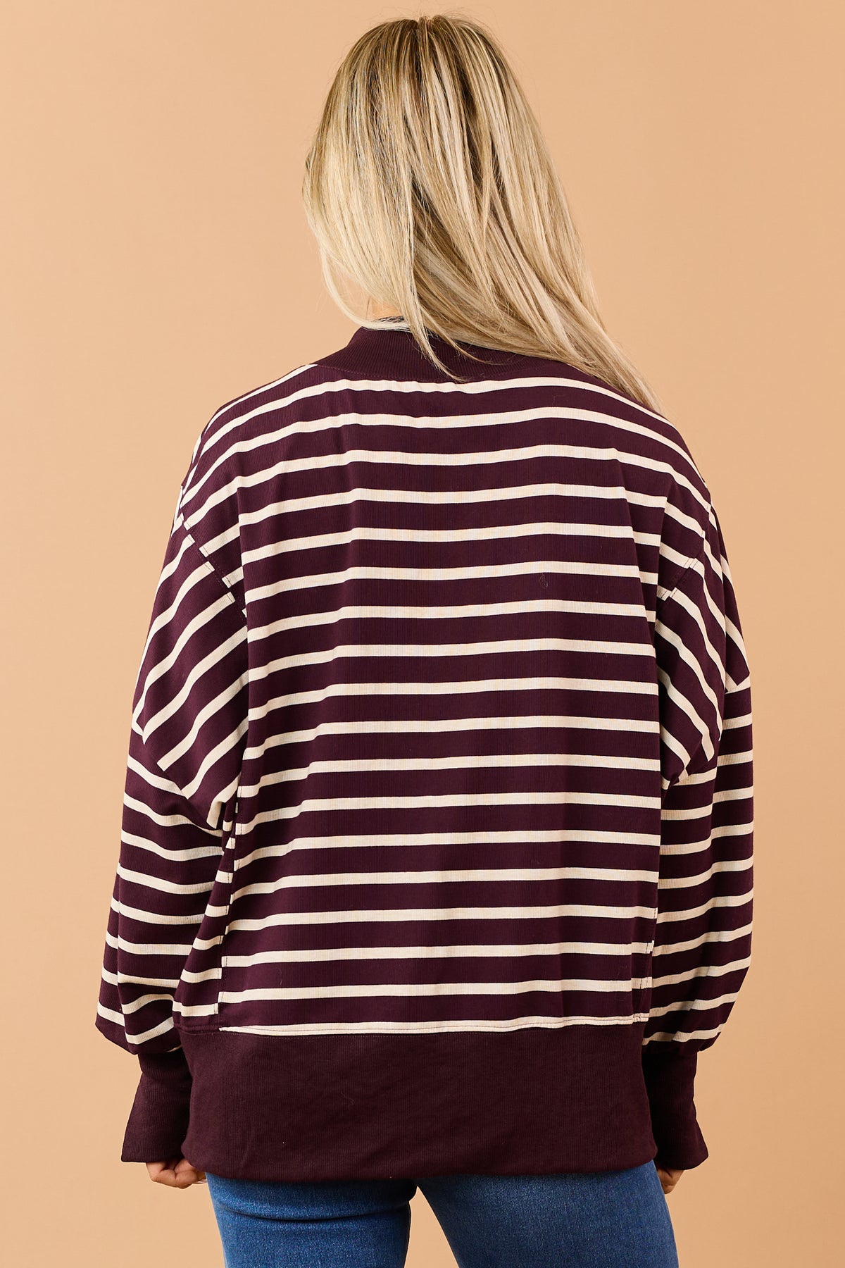 Wine and Cream Striped Mock Neck Sweatshirt Top