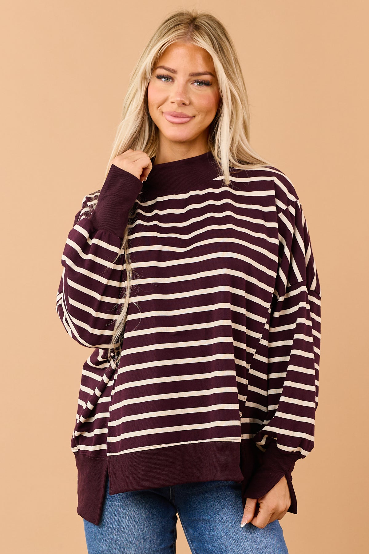 Wine and Cream Striped Mock Neck Sweatshirt Top