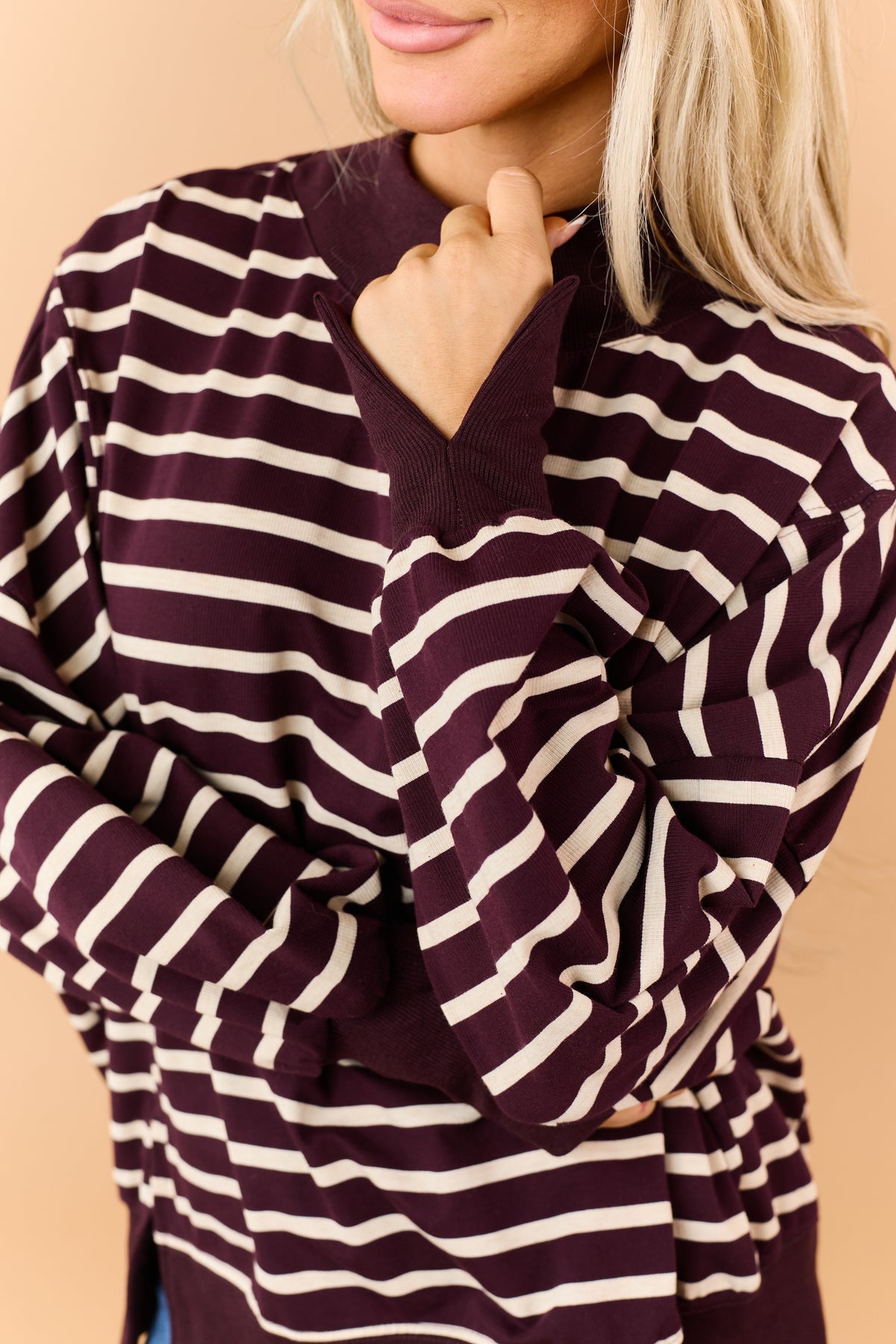 Wine and Cream Striped Mock Neck Sweatshirt Top