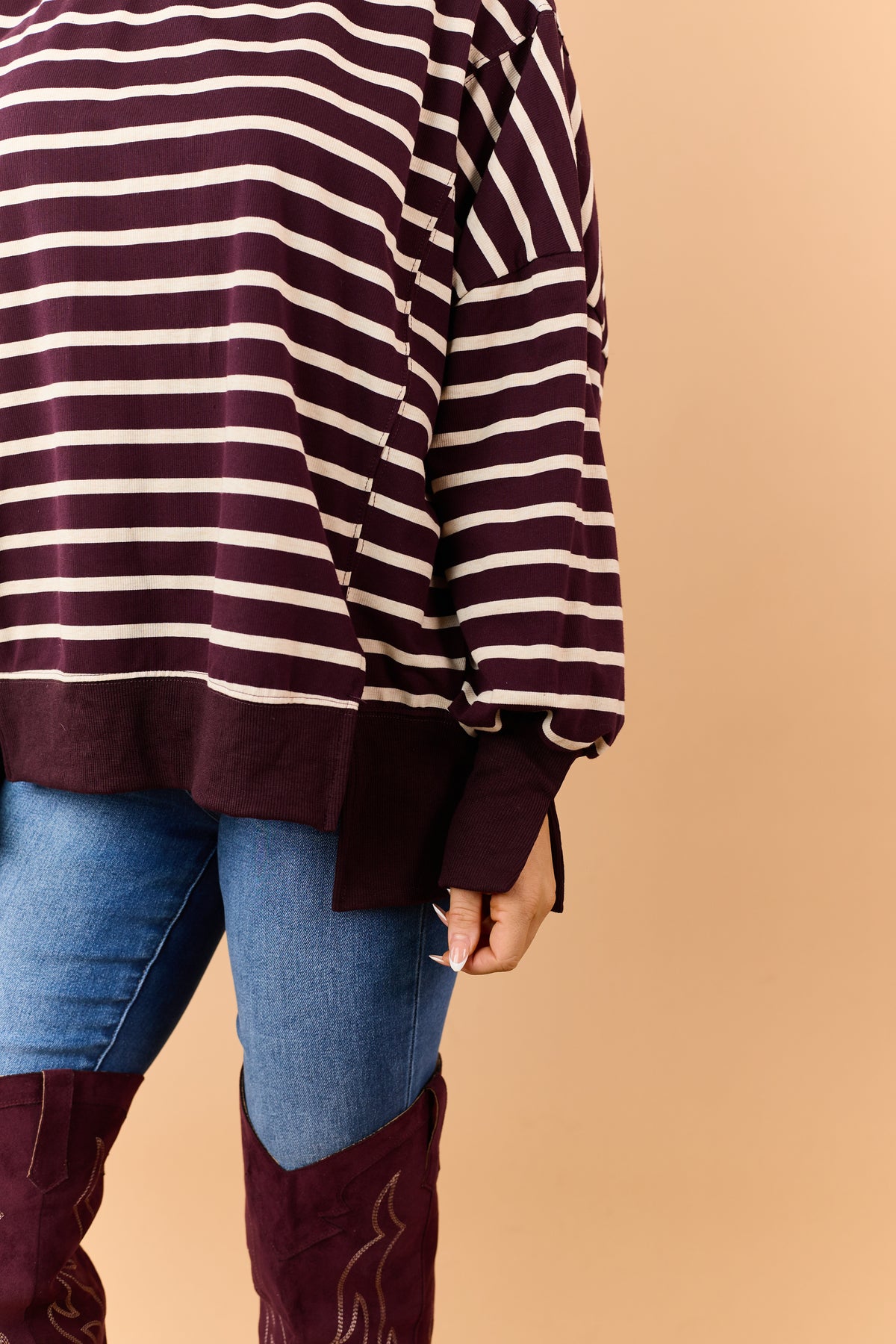Wine and Cream Striped Mock Neck Sweatshirt Top