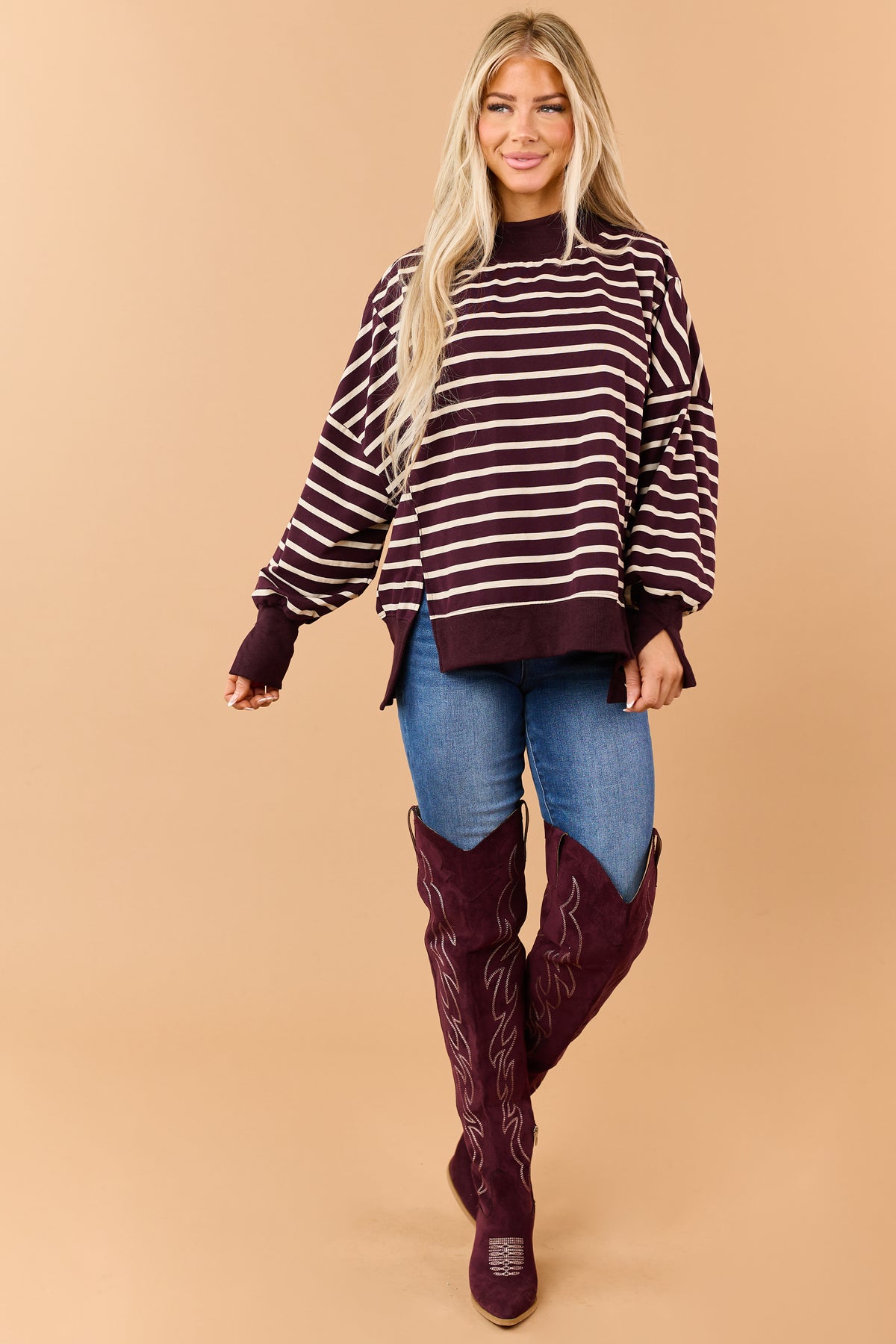 Wine and Cream Striped Mock Neck Sweatshirt Top