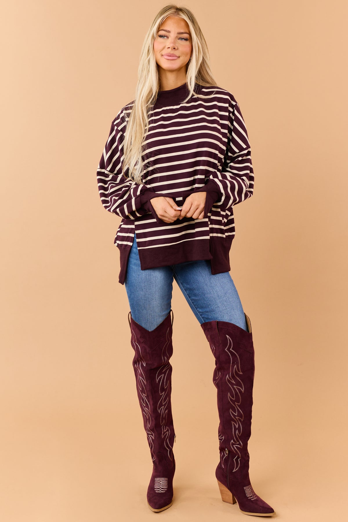 Wine and Cream Striped Mock Neck Sweatshirt Top
