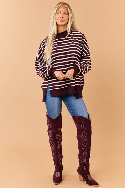 Wine and Cream Striped Mock Neck Sweatshirt Top