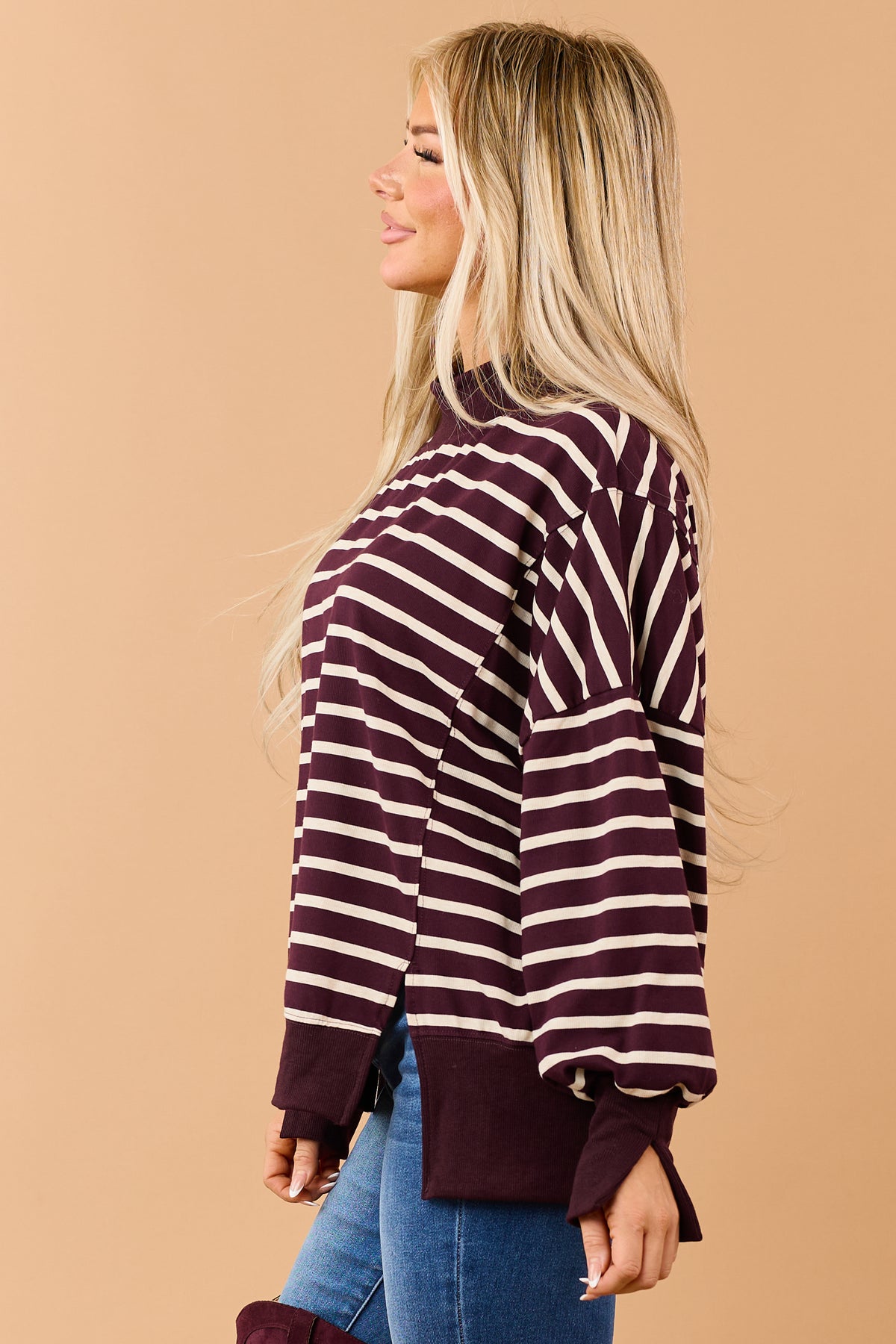 Wine and Cream Striped Mock Neck Sweatshirt Top