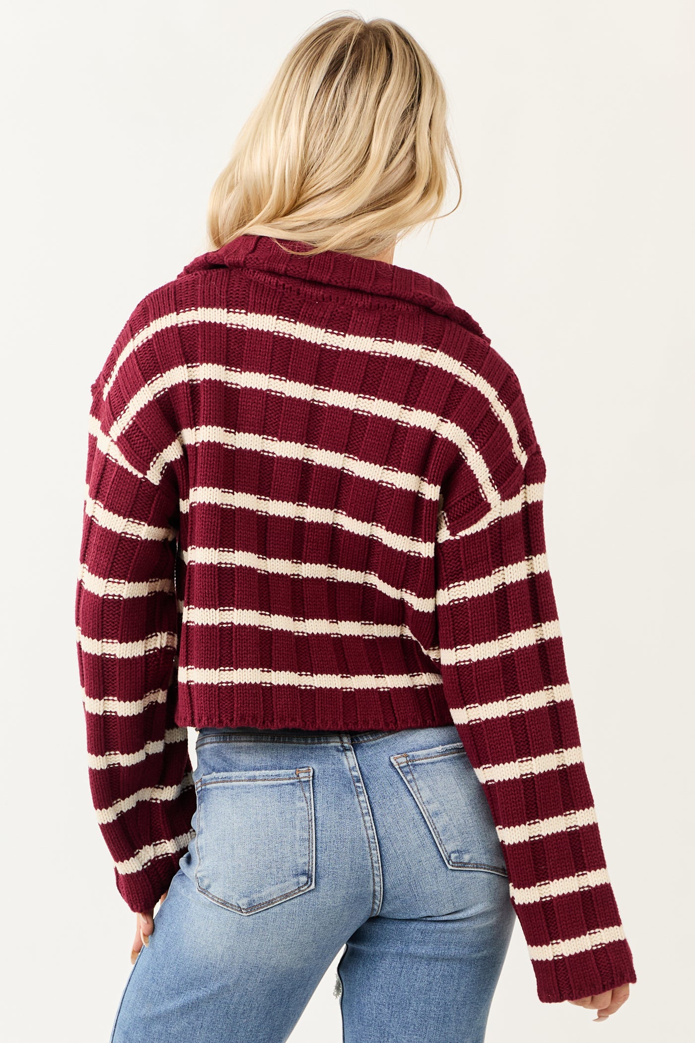 Wine and Cream Striped Zip Up Sweater Jacket