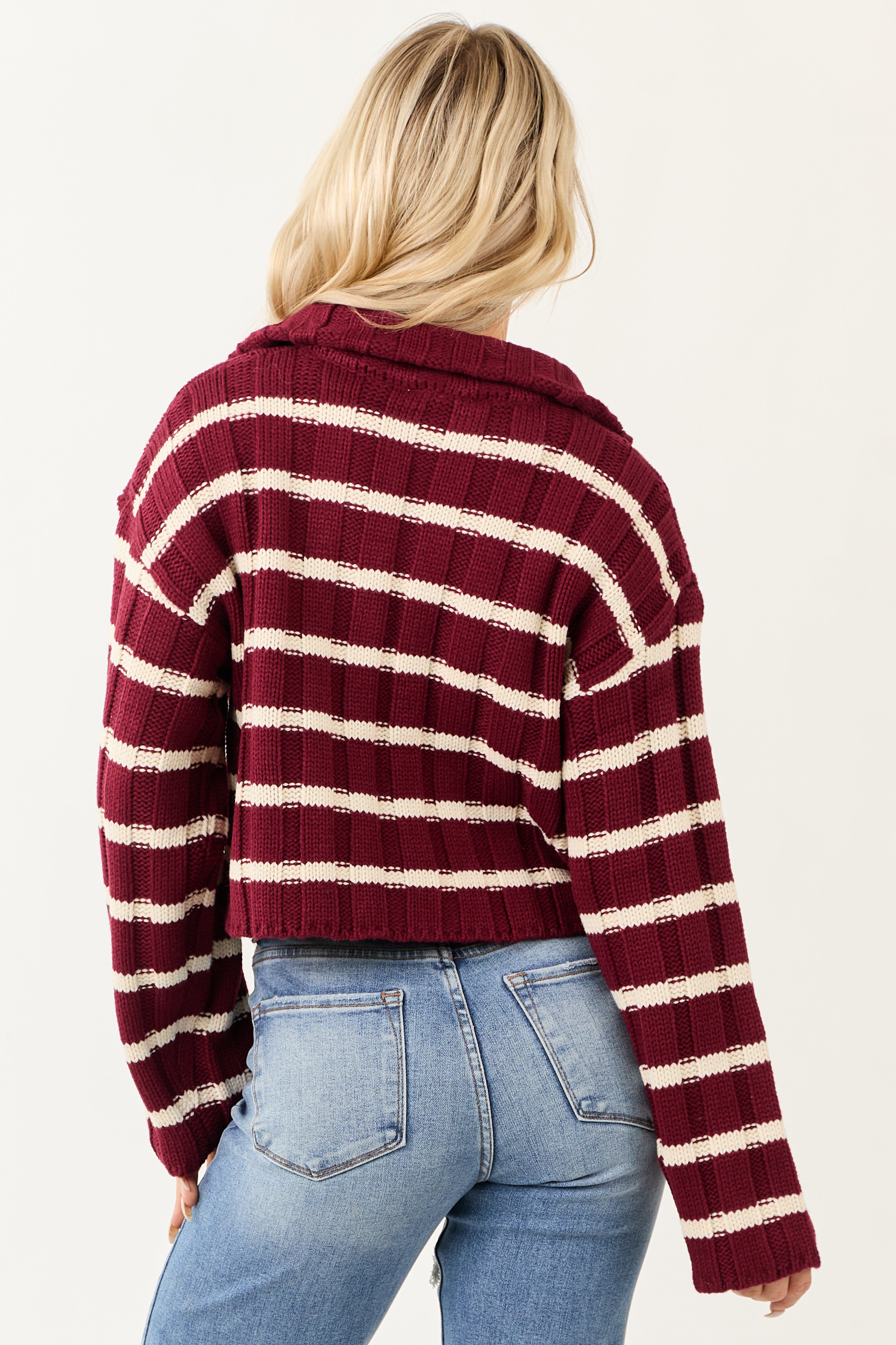Wine and Cream Striped Zip Up Sweater Jacket