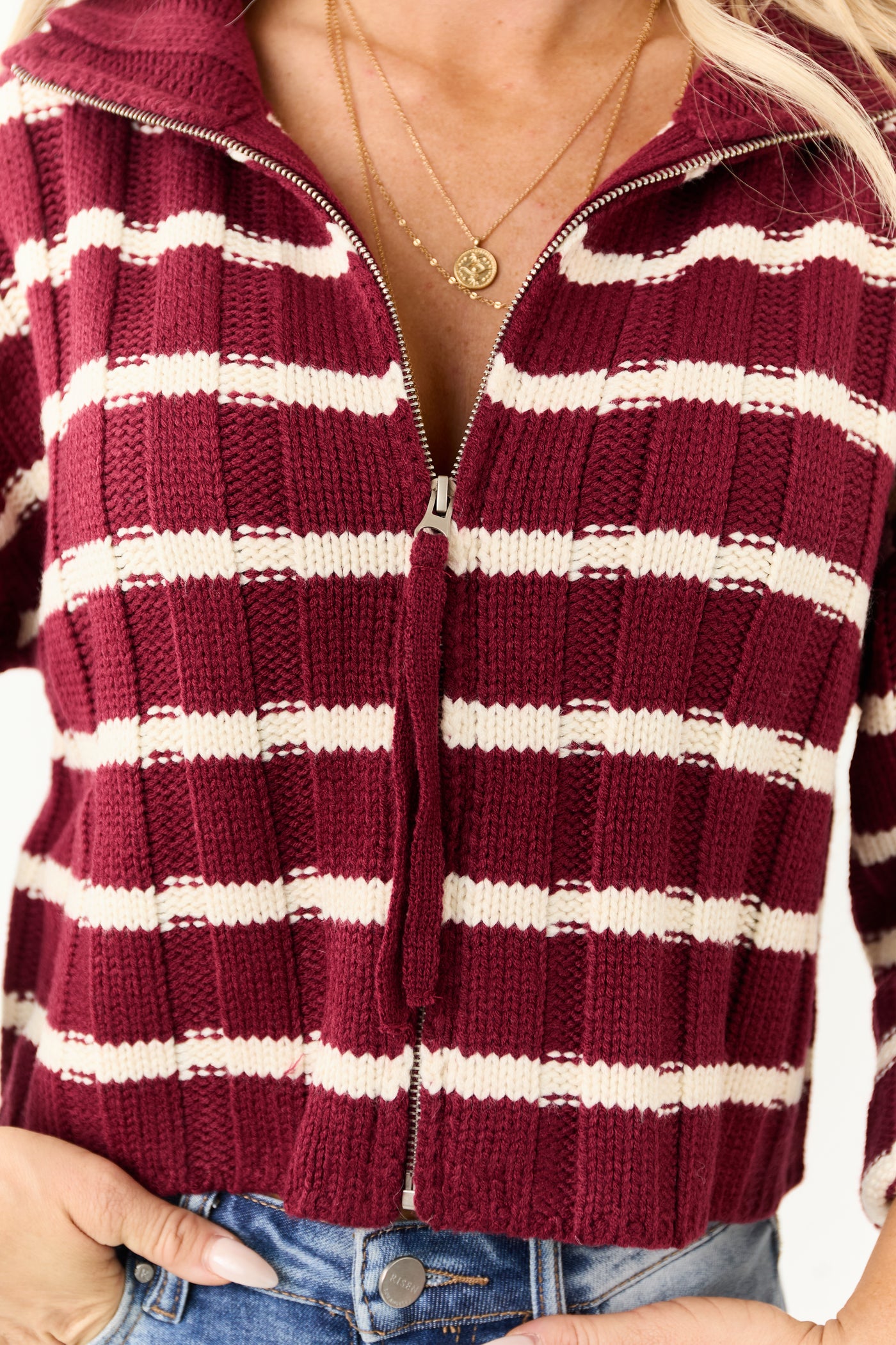 Wine and Cream Striped Zip Up Sweater Jacket