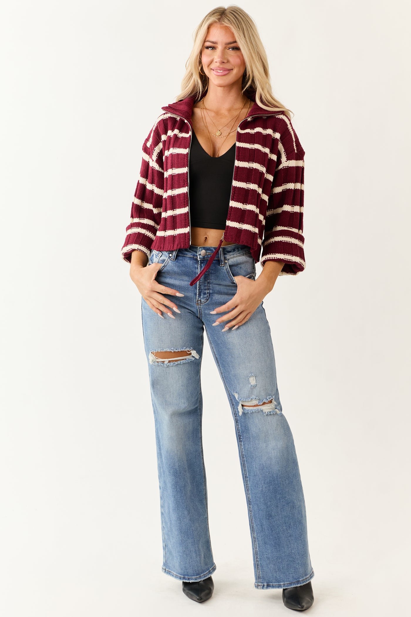 Wine and Cream Striped Zip Up Sweater Jacket