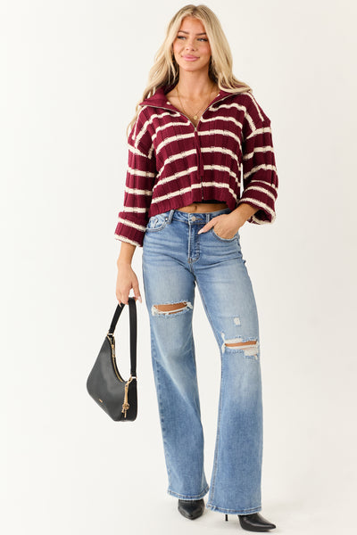 Wine and Cream Striped Zip Up Sweater Jacket