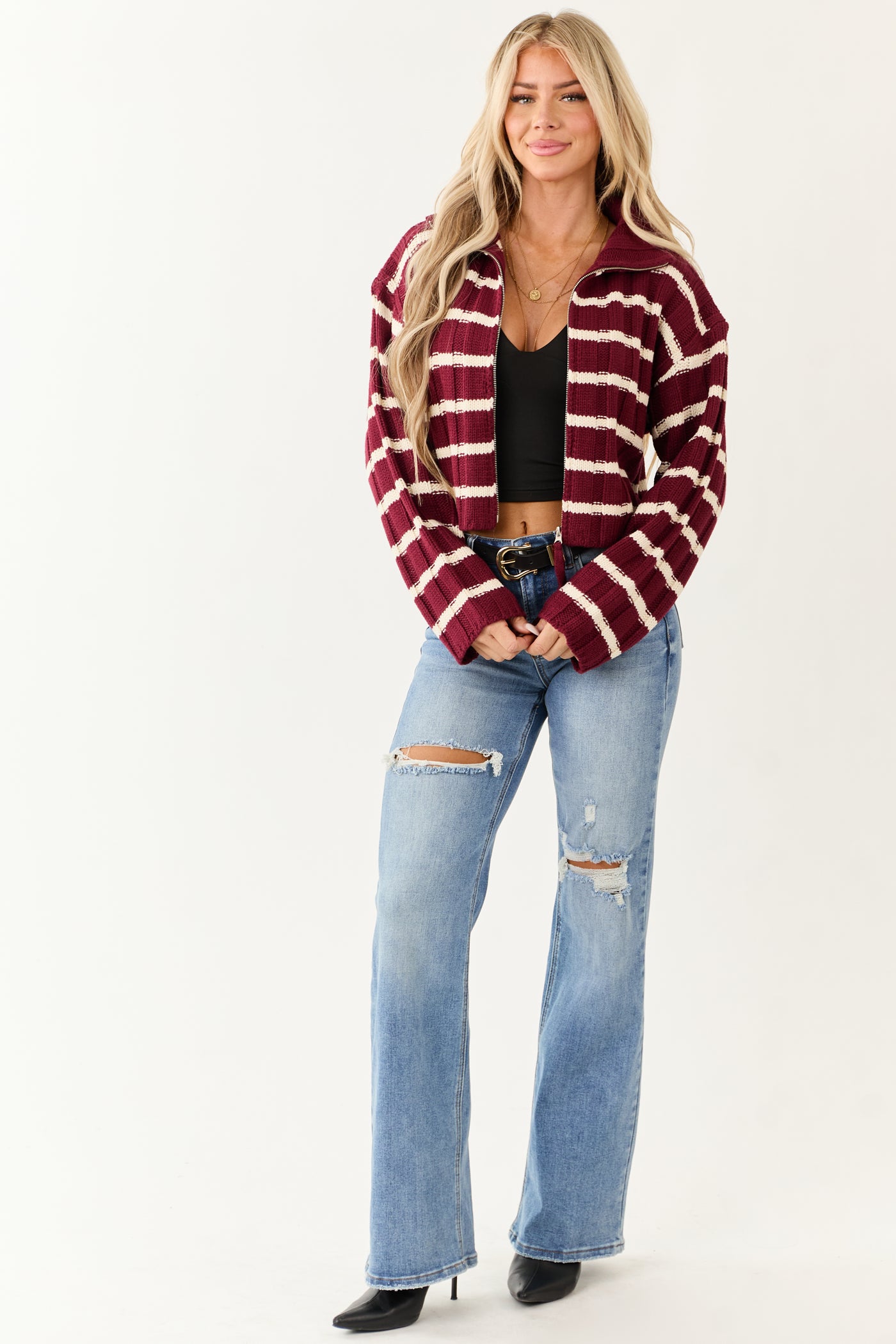 Wine and Cream Striped Zip Up Sweater Jacket