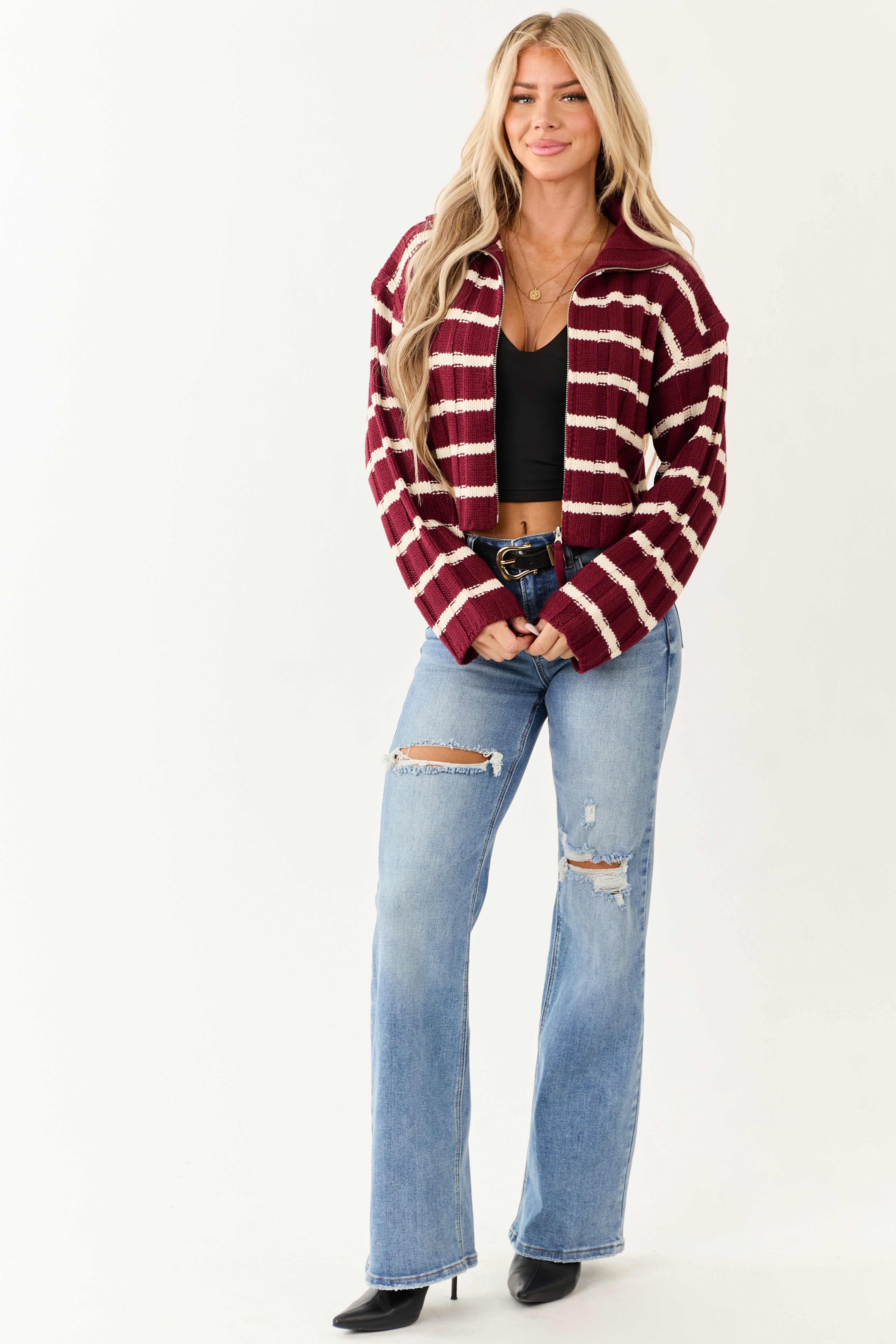 Wine and Cream Striped Zip Up Sweater Jacket
