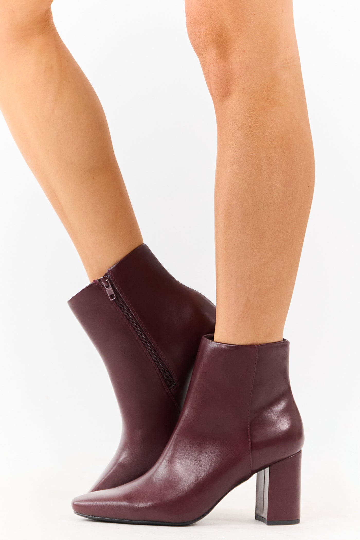 Wine Faux Leather Block Heel Pointed Toe Booties