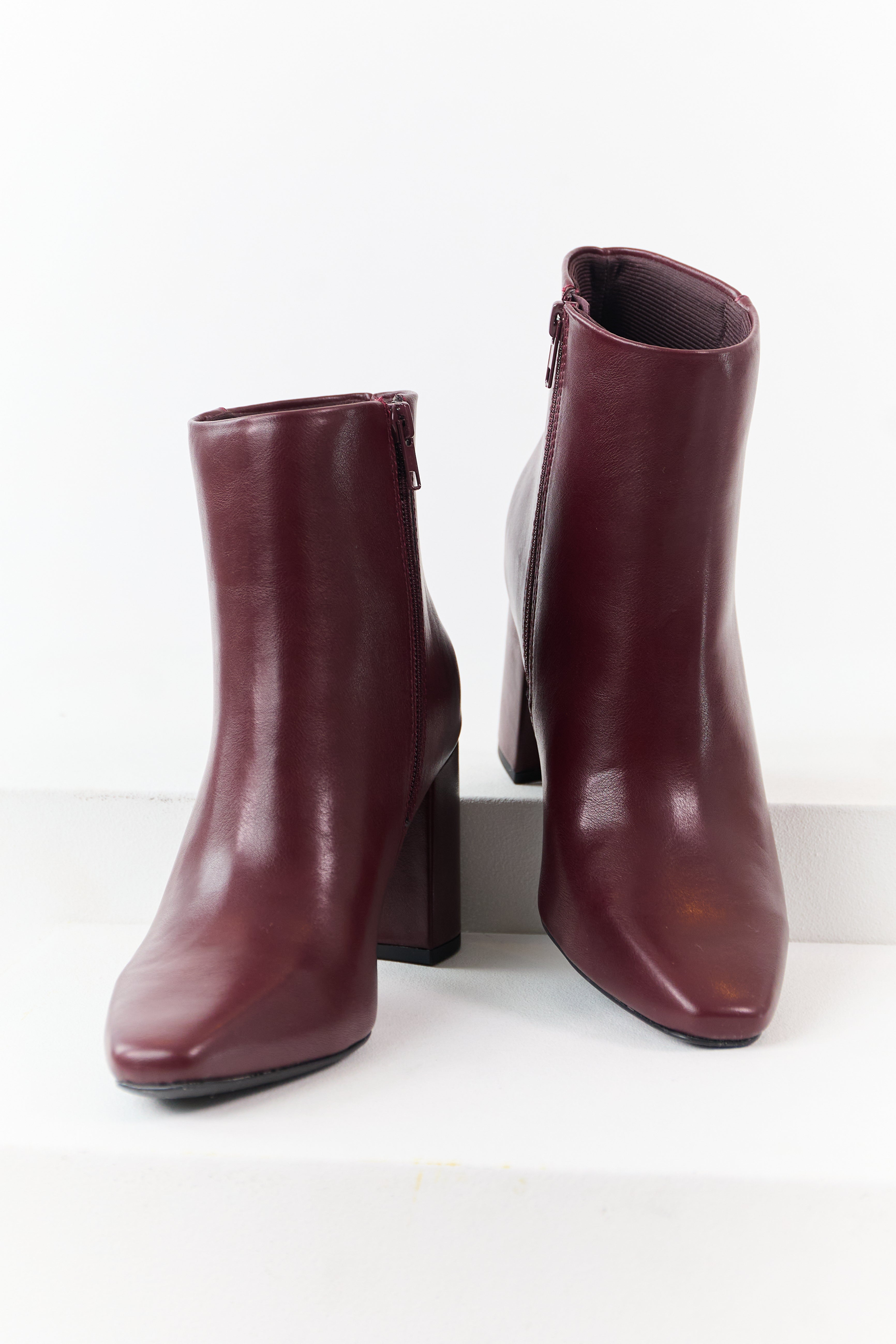 Wine Faux Leather Block Heel Pointed Toe Booties