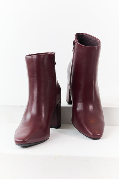 Wine Faux Leather Block Heel Pointed Toe Booties